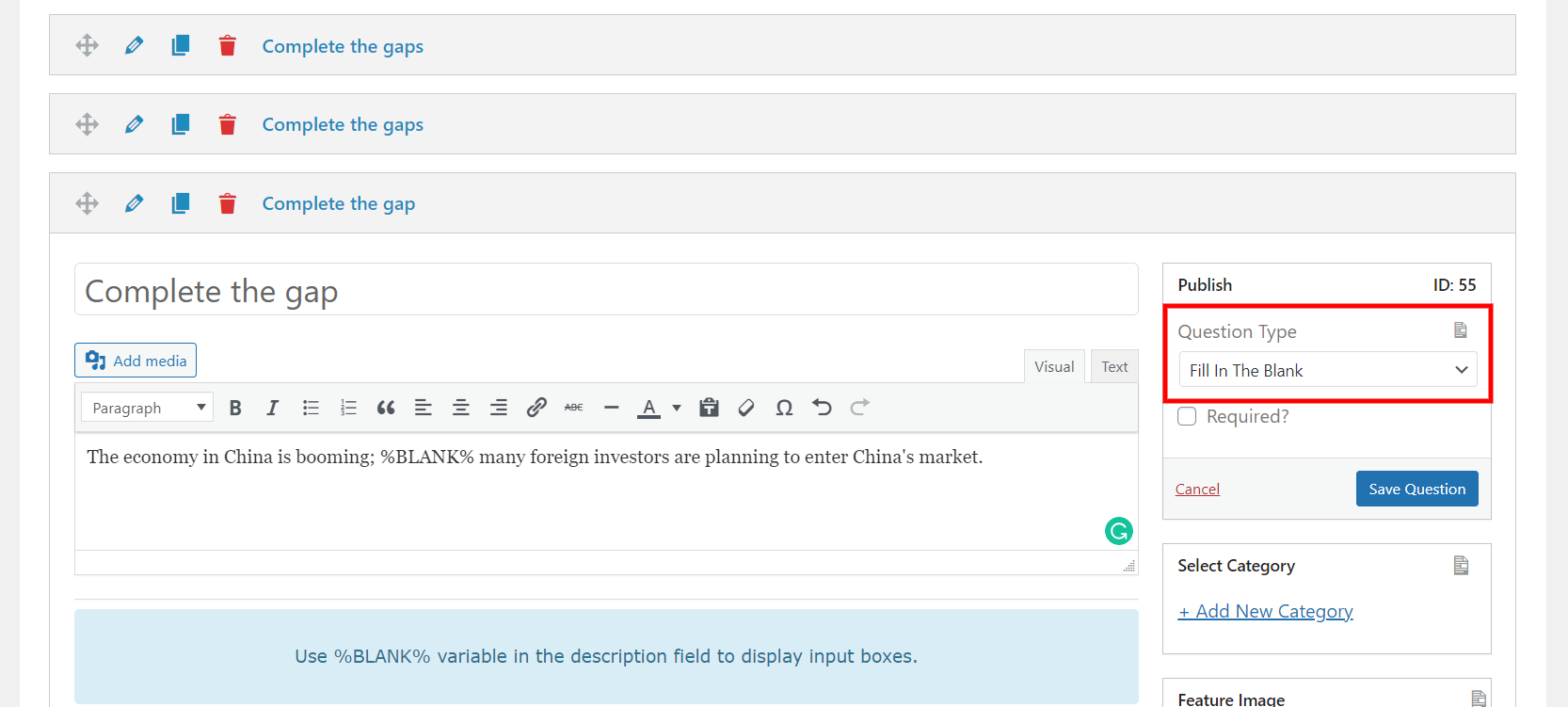 Vocabulary Quiz in WordPress - Complete the gaps questions