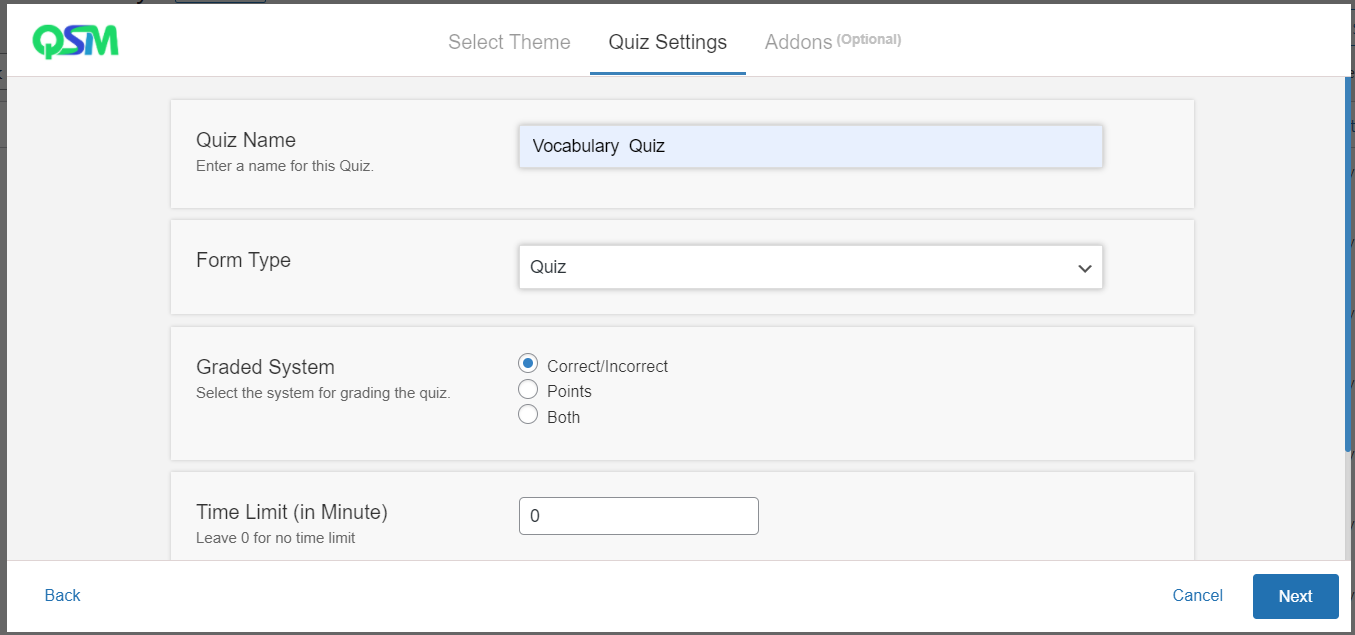Vocabulary Quiz in WordPress - Create new quiz
