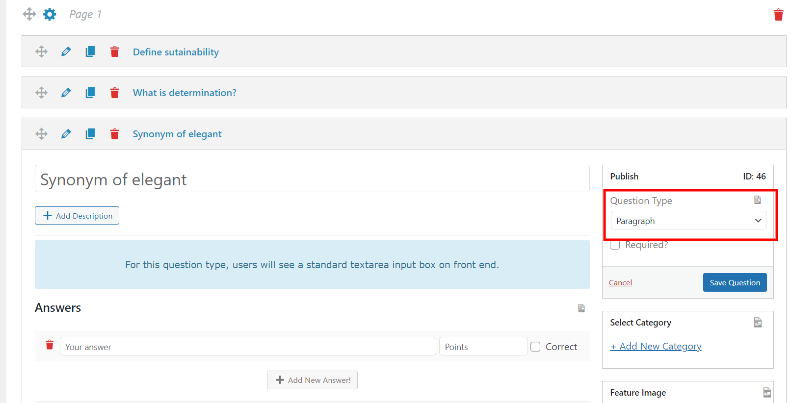 Vocabulary Quiz in WordPress - Identification questions