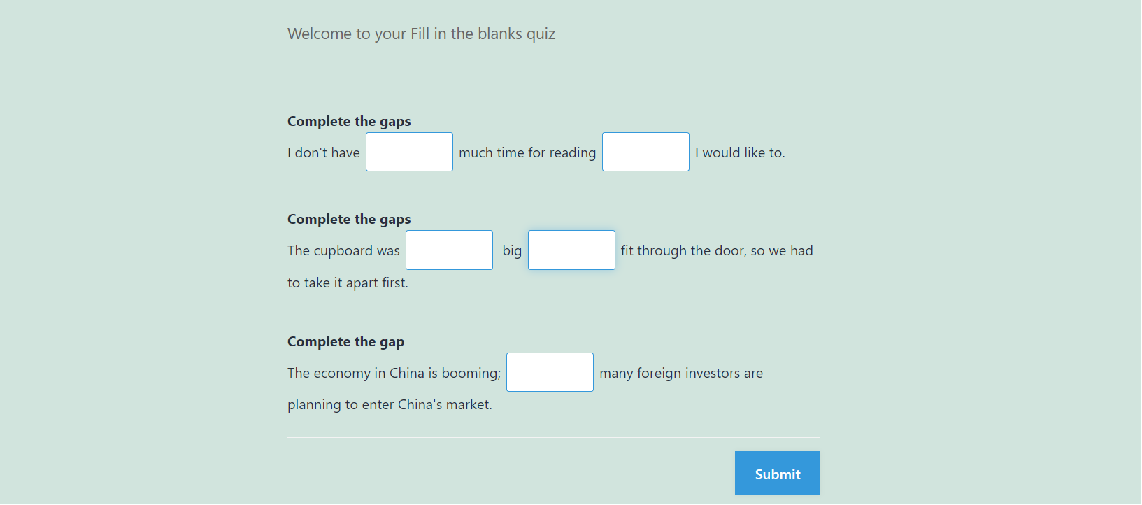 Vocabulary Quiz in WordPress - Output of Complete the gaps questions