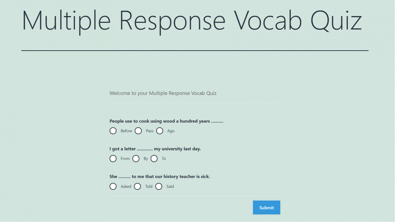 Vocabulary Quiz in WordPress - Output of Multiple Response questions