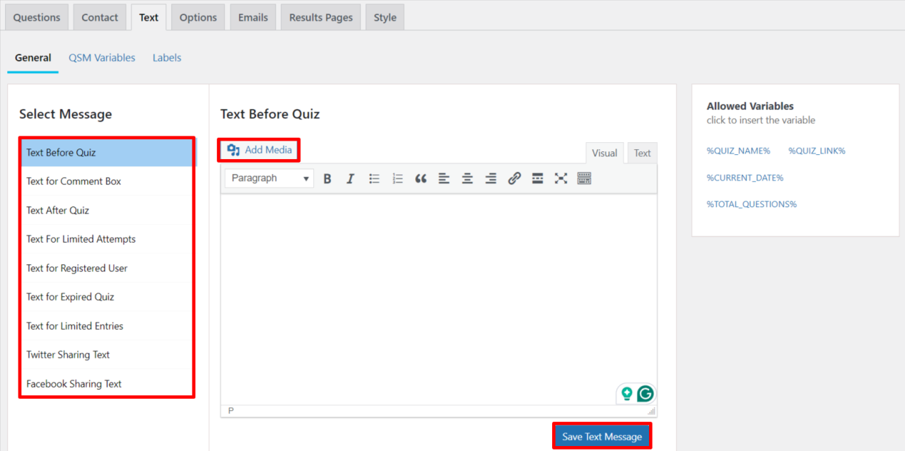 Add Display Messages - Quiz and Survey Master