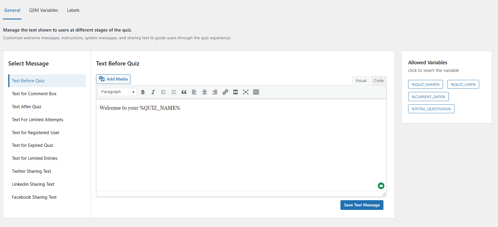 How to Create a Quiz Configure Text tab