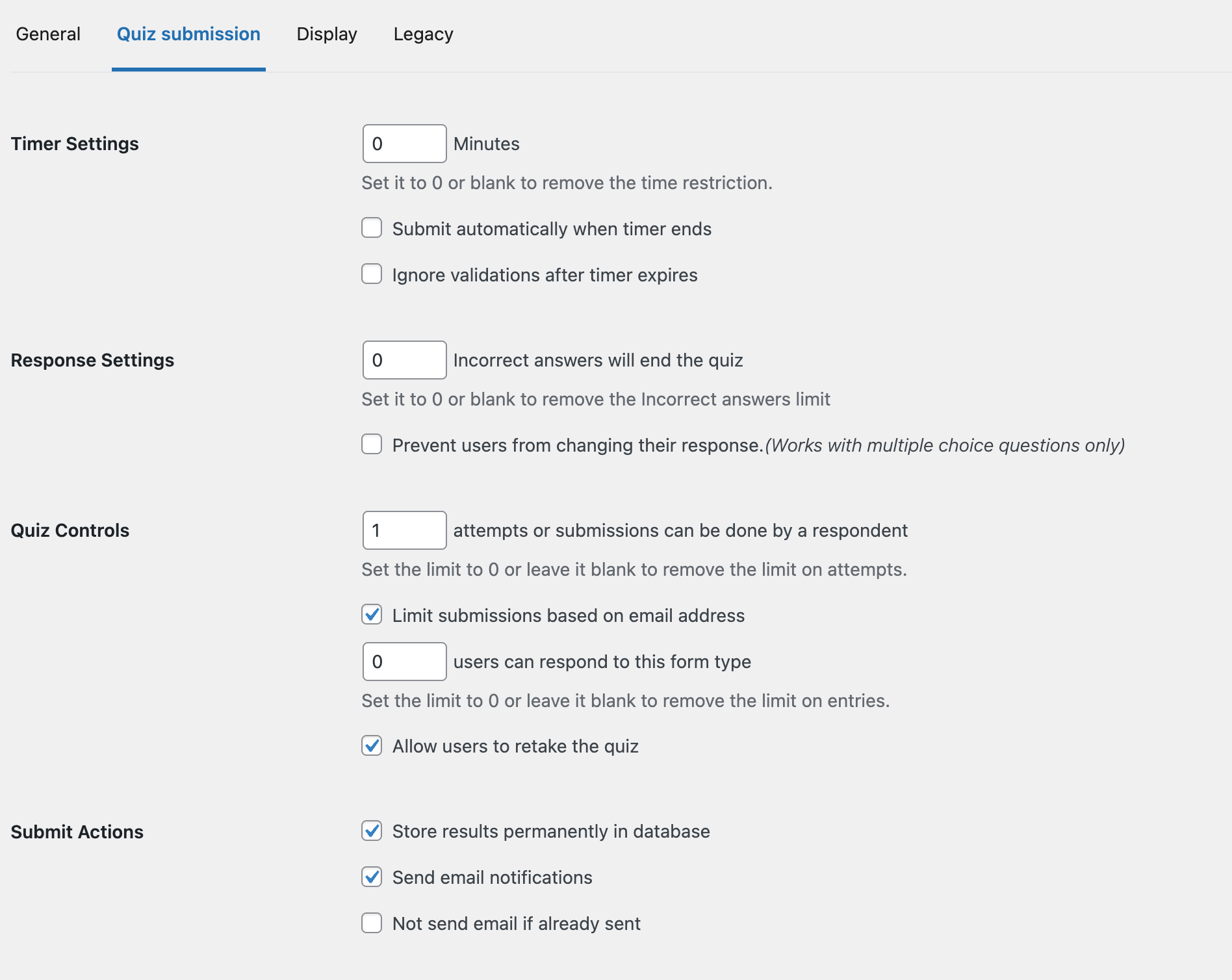 setup quiz submission settings