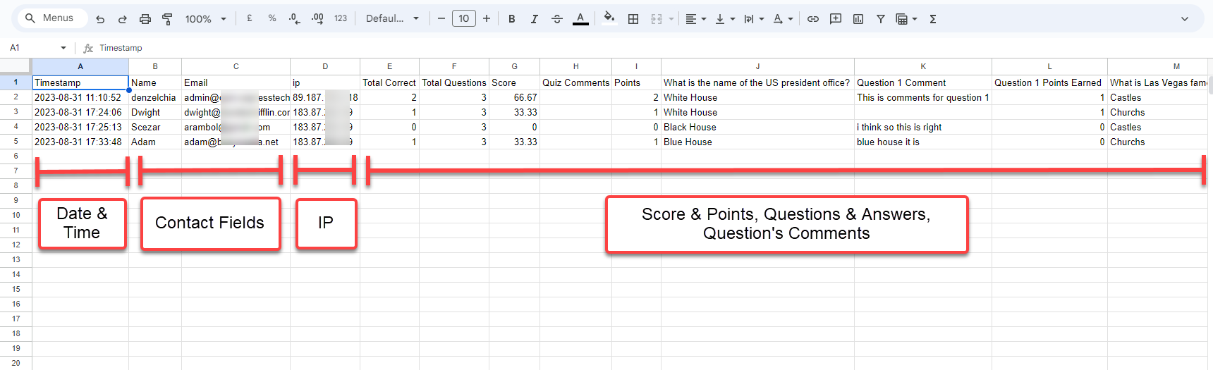 Quiz and Survey Master - Google Sheets Connector Addon - Data saved in Google Sheets