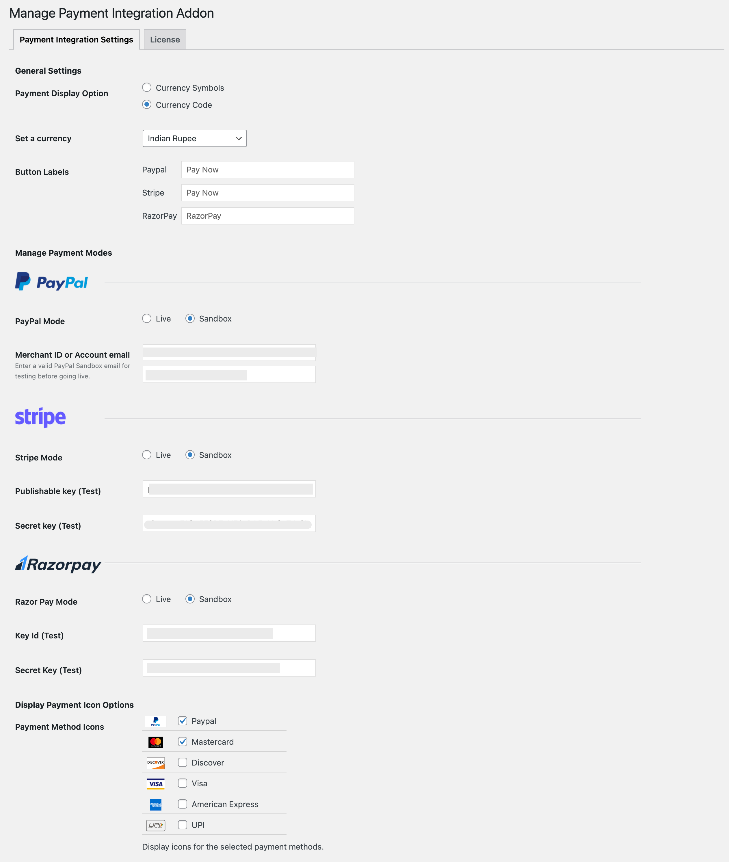 Manage Payment Integration Global Settings