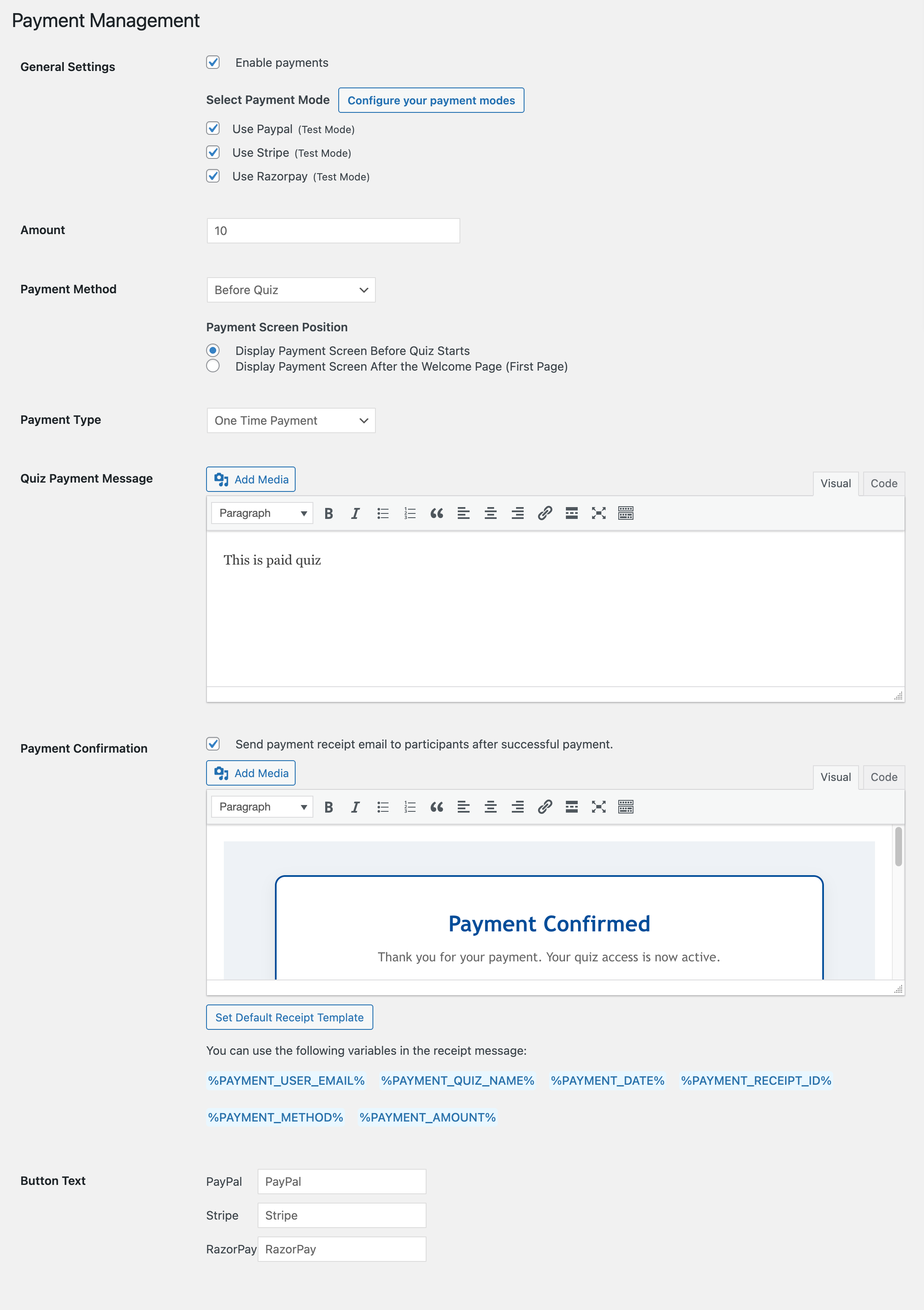payment integration settings