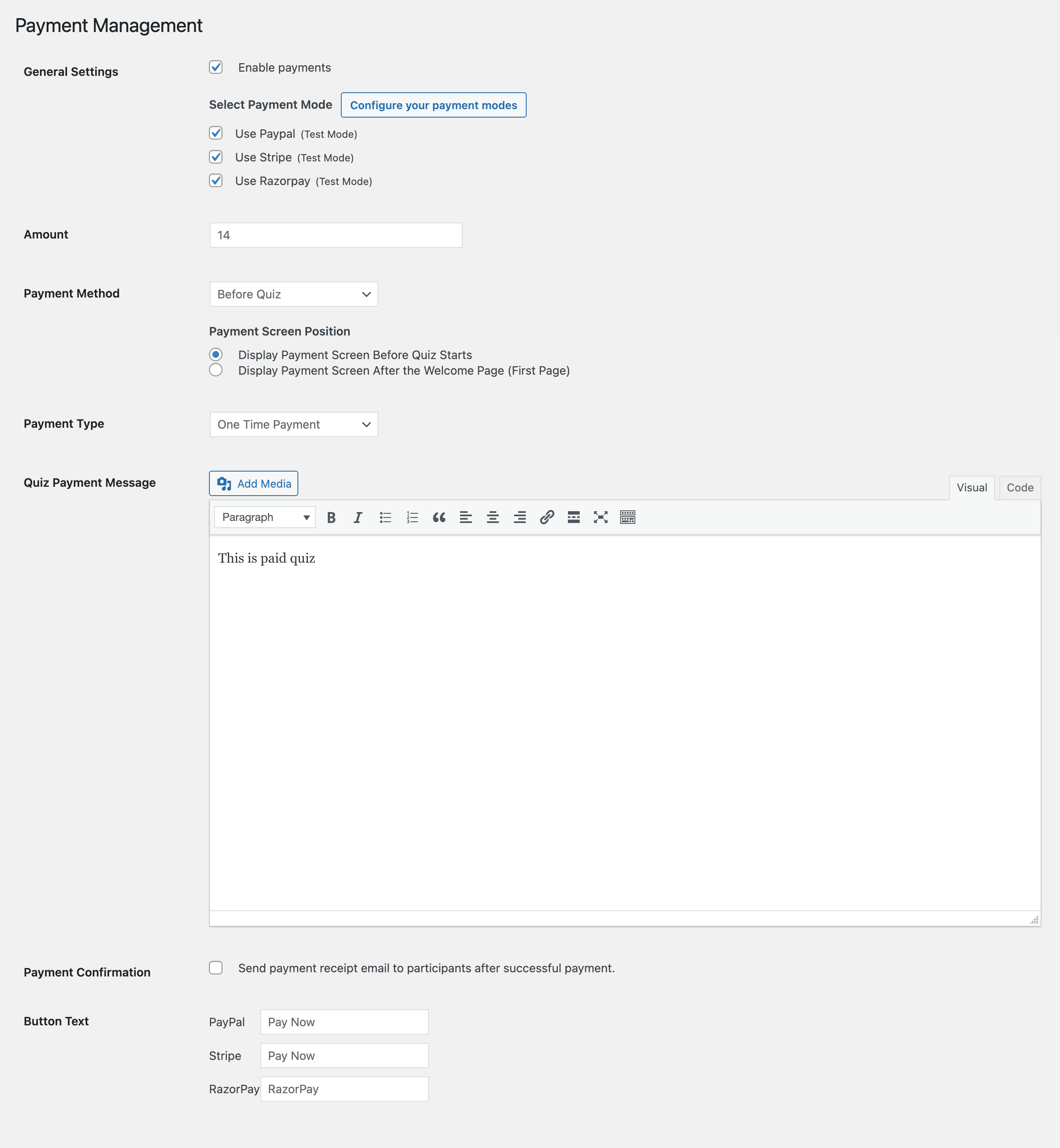 Configure Payment Integration Management Settings