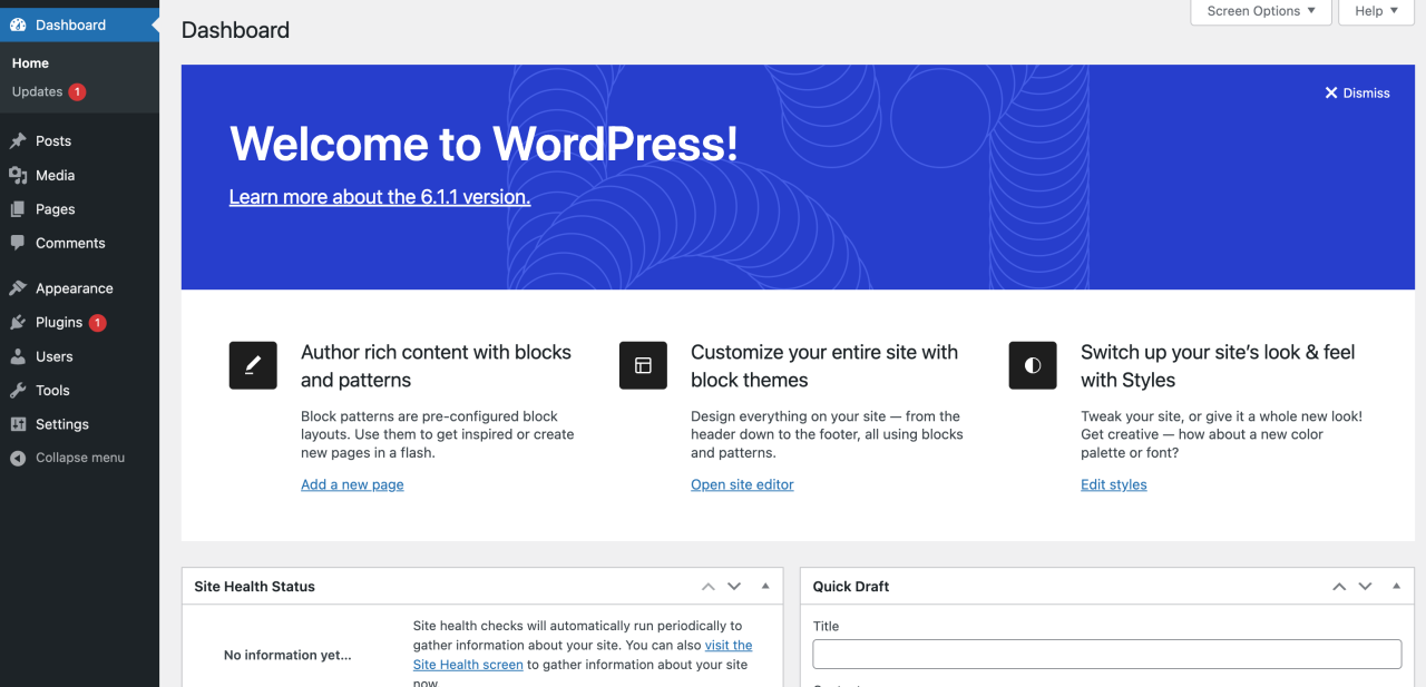 Dashboard—WordPress