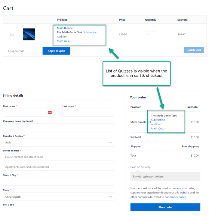 product in cart