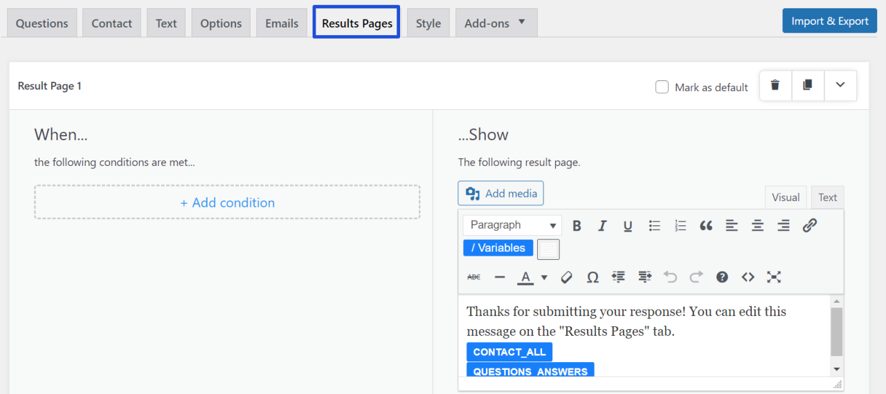 Configure the Result Page - WordPress Assessment Plugin