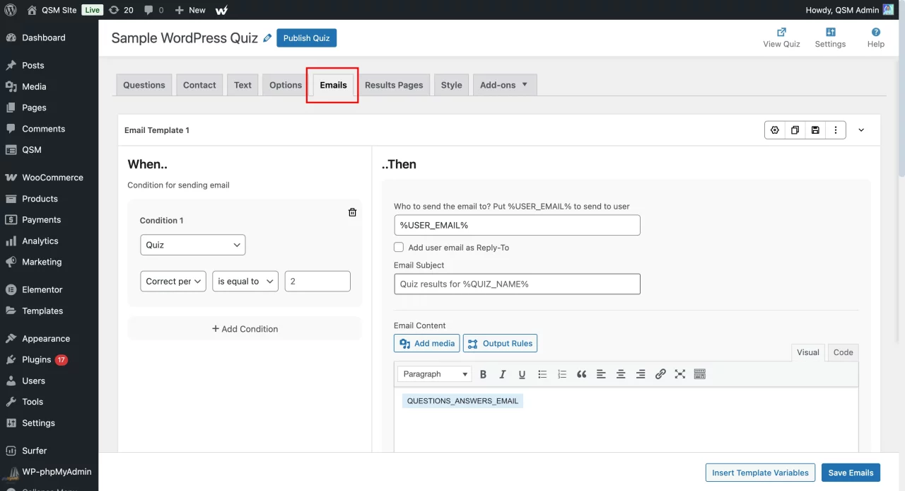 Create a WordPress Quiz - Emails