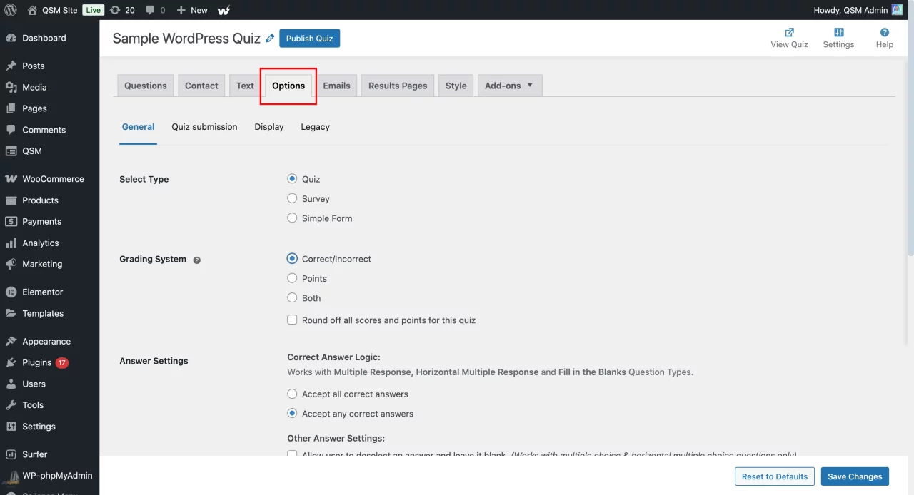 Create a WordPress Quiz - Options