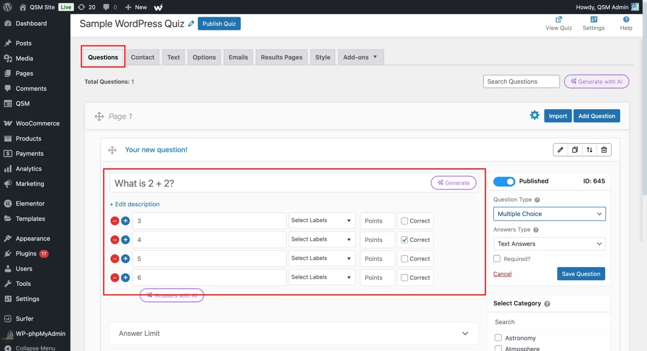 Create a WordPress Quiz - Questions