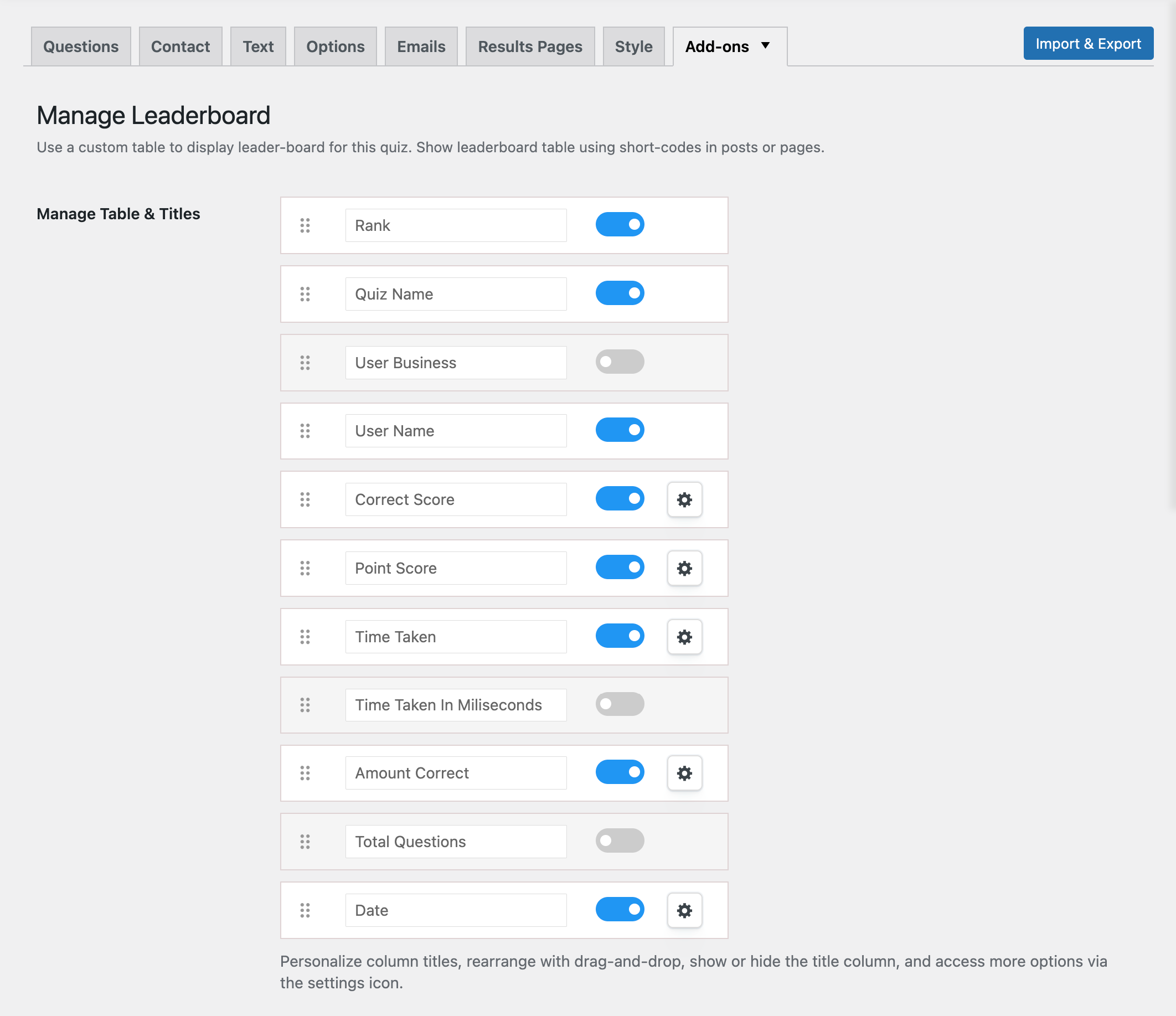 Adv leaderboard Settings for individual quiz 1