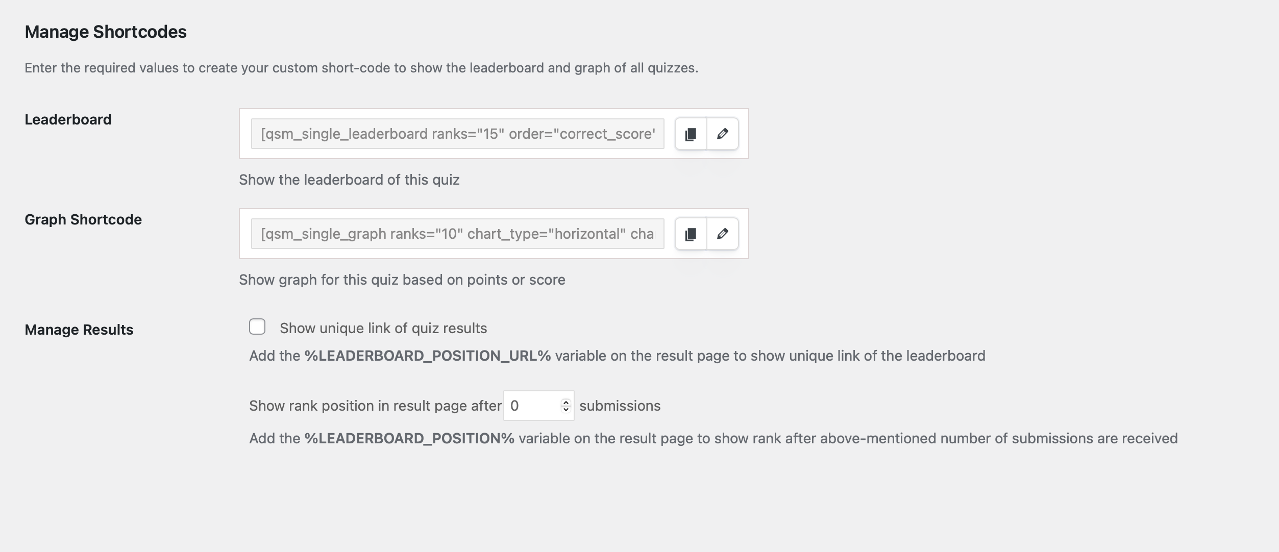 adv learderboard shortcode for individual quiz