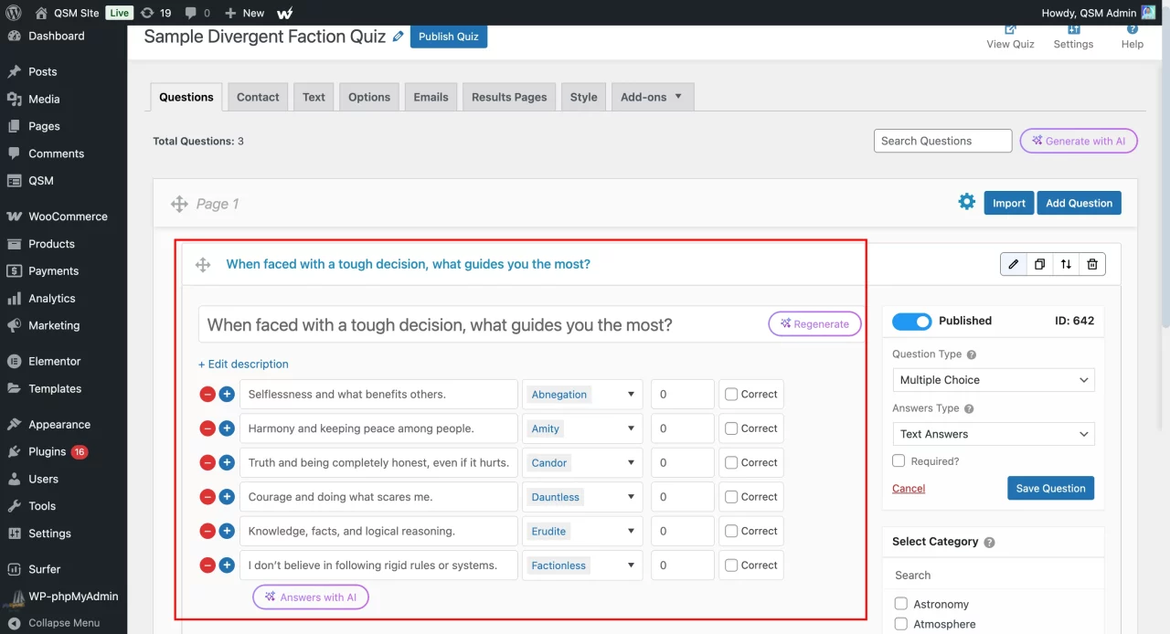 Divergent Faction Quiz - Add questions with options and labels