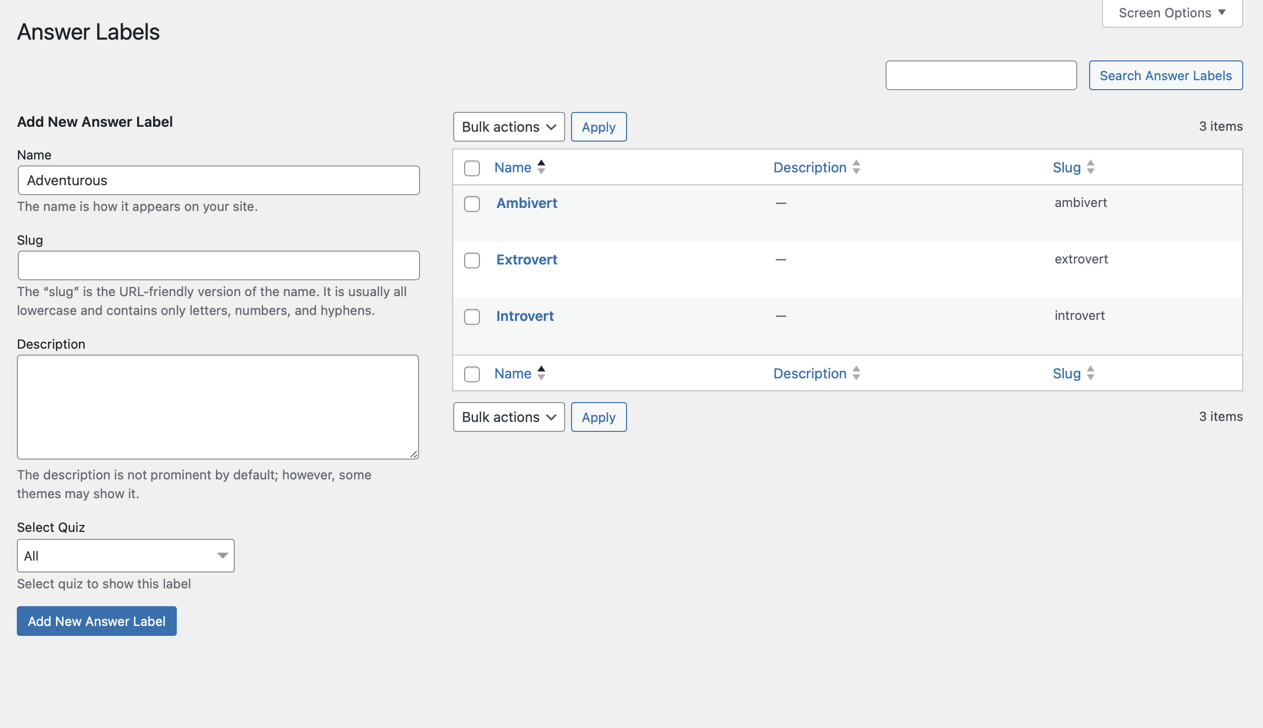 answer labels section