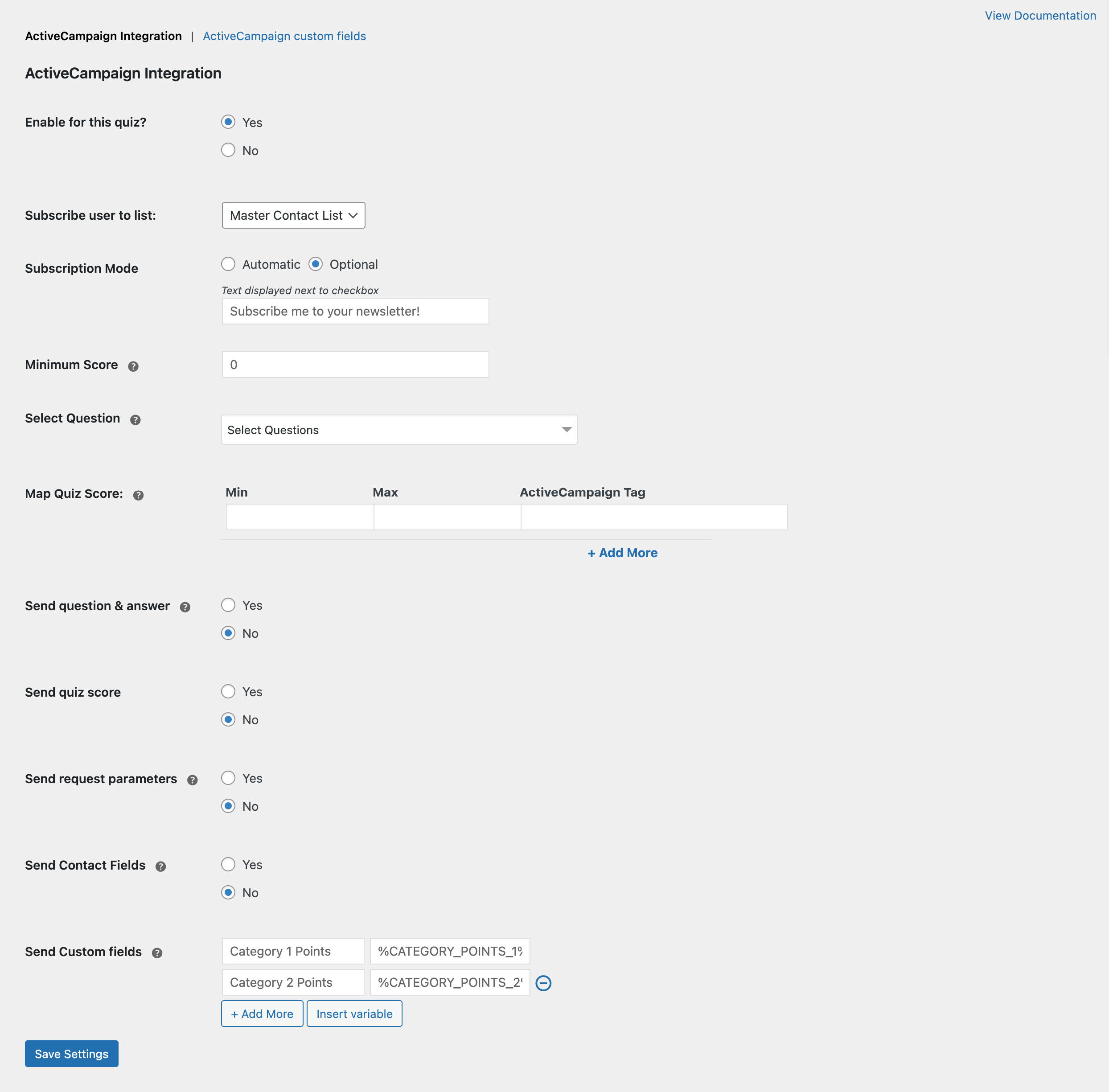 QSM Active Campaign - Active Campaign Tab Settings