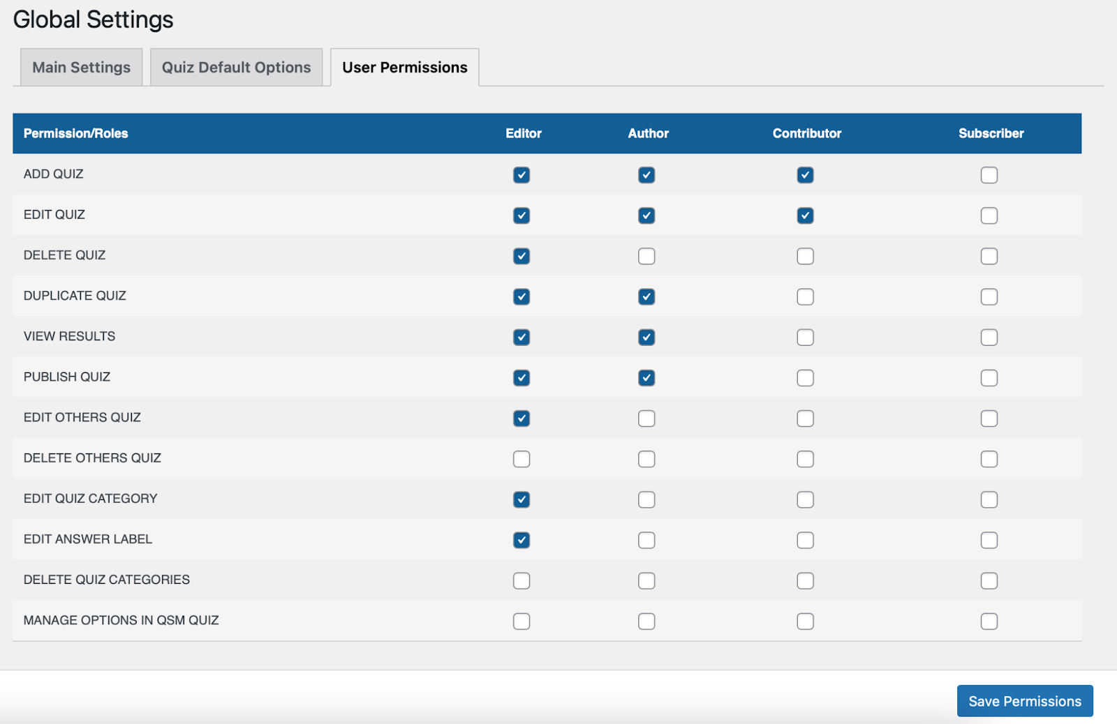 Set Permissions Globally for All Quizzes