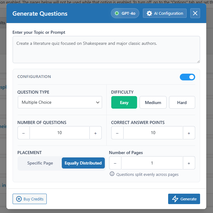 AI Integration generate questions configuration
