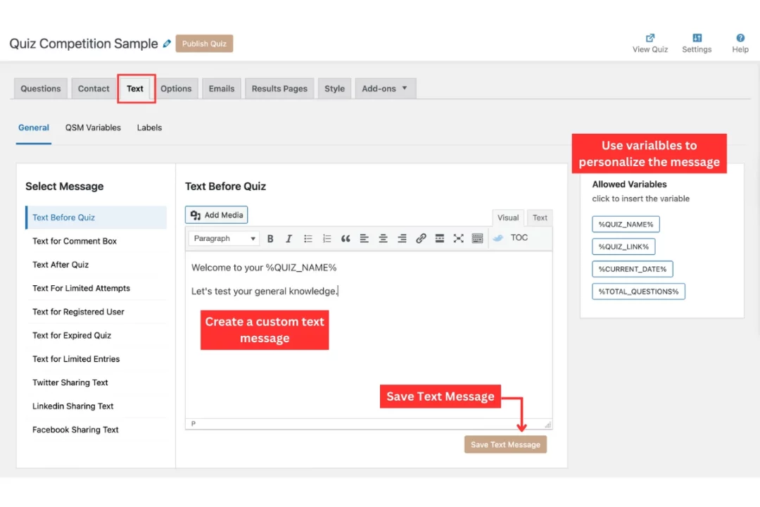 How Do You Conduct a Quiz Competition in WordPress? (5 Simple Steps) Quiz Competition in WordPress - Add text