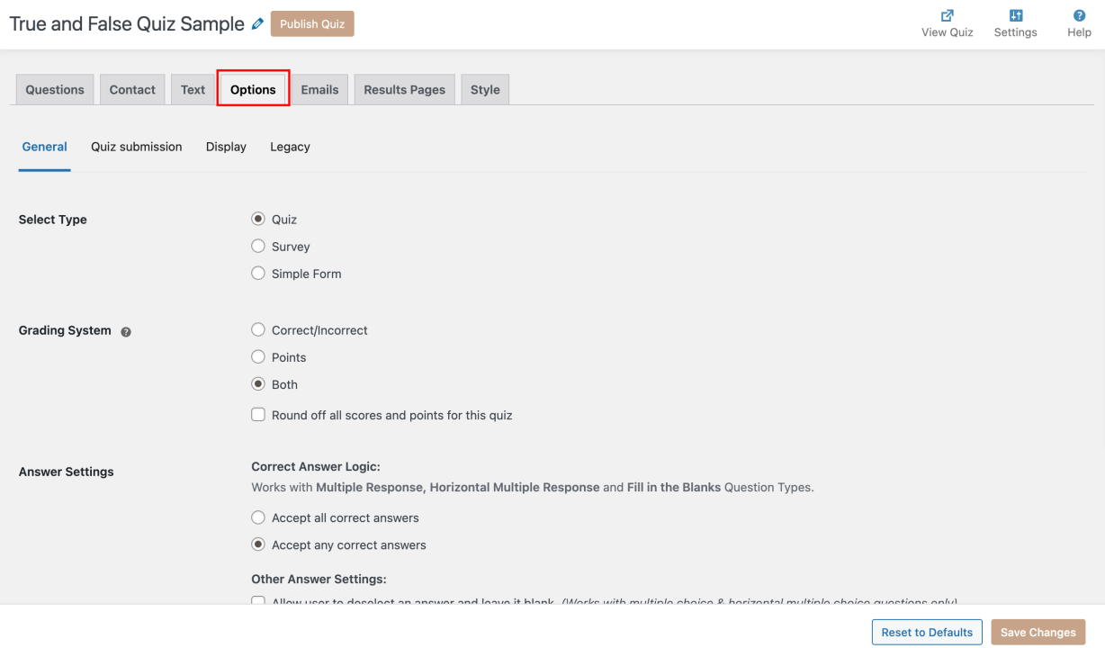 How to Create a Free True or False Quiz in WordPress? (4 Easy Steps) True or False Quiz in WordPress - Options