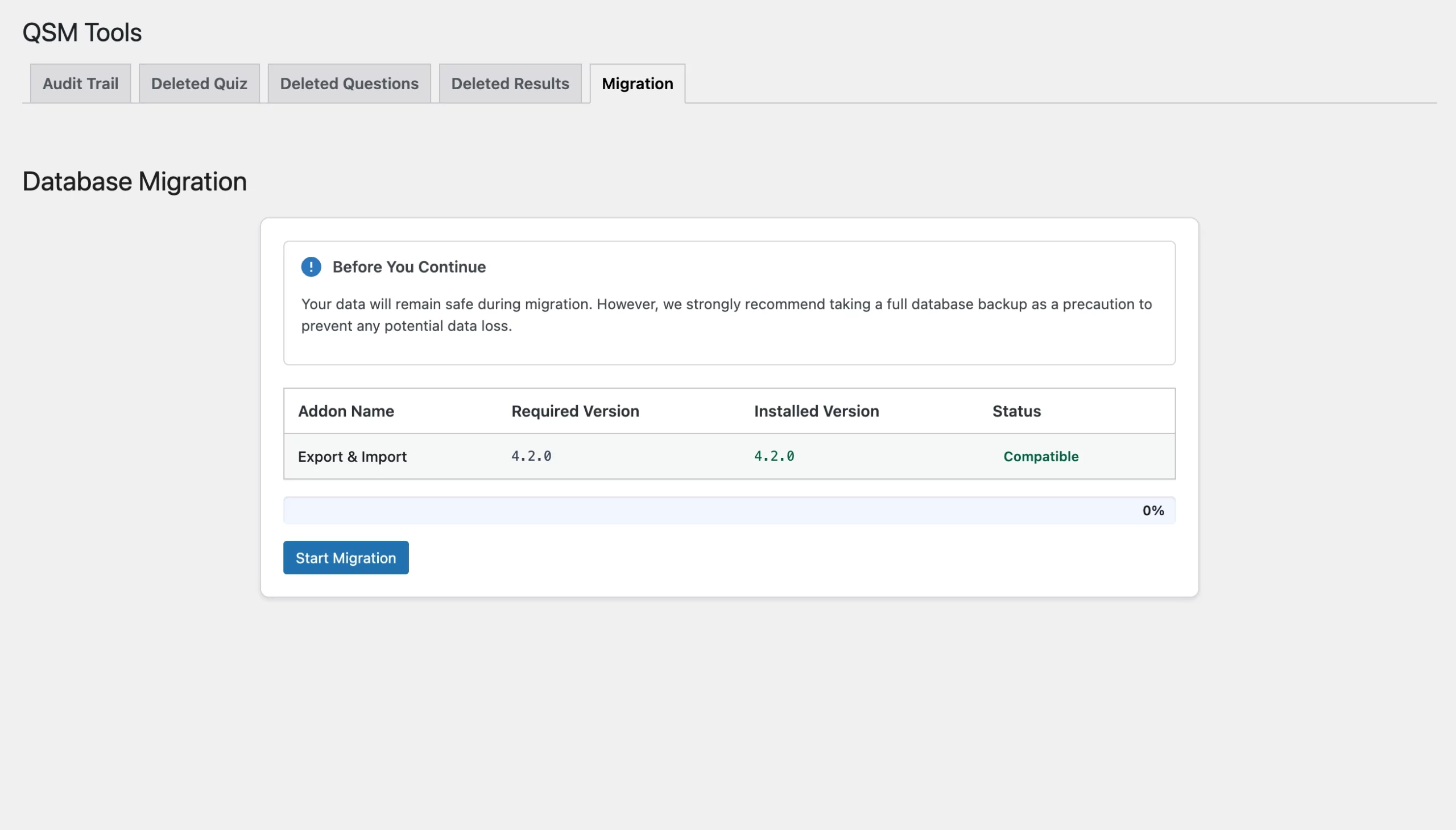Migrate Your Database to QSM 11 Start database migration