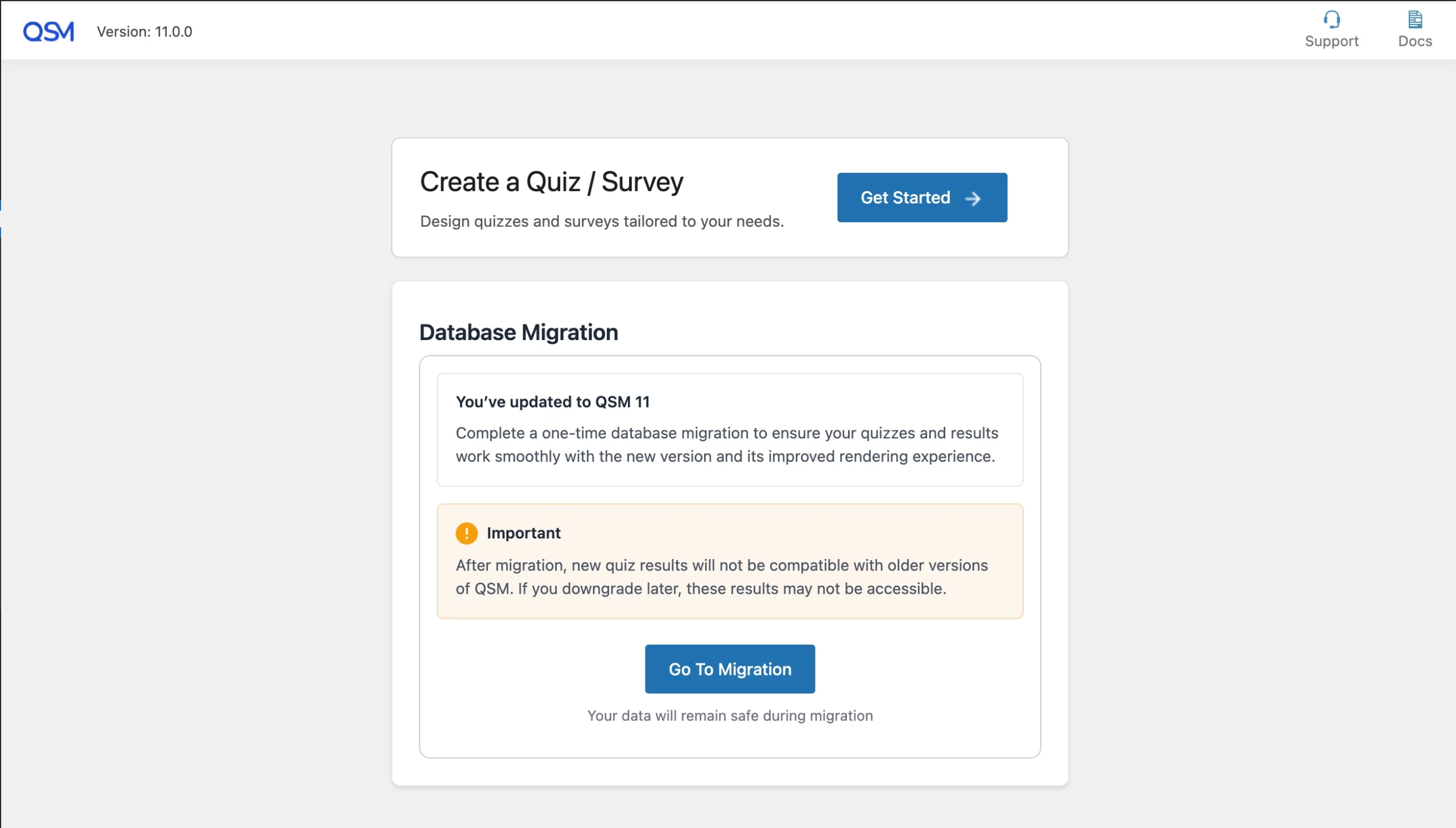 Migrate Your Database to QSM 11 database migration pop-up in dashboard