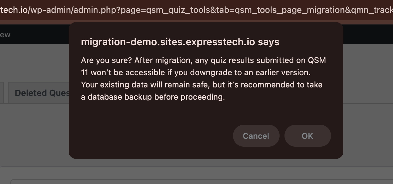 Migrate Your Database to QSM 11 migration confirmation dialogue pop-up