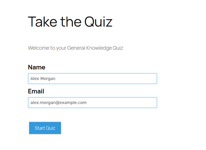 How to Create a Lead-Generation Quiz in WordPress (Step by Step) QSM quiz start screen collecting the respondent's name and email address before the quiz begins, with a Start Quiz button.