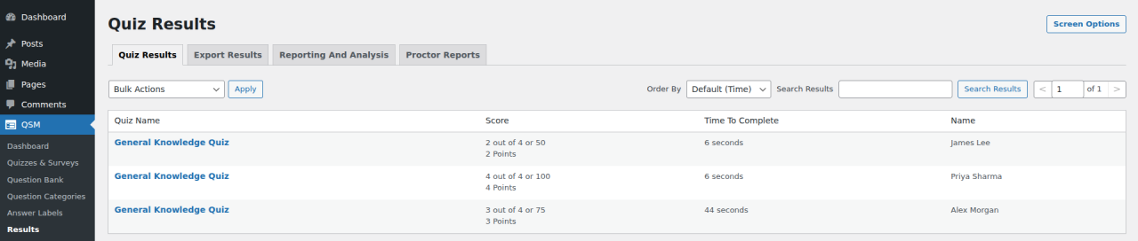 QSM Quiz Results dashboard inside WordPress listing three graded submissions with score, points, time to complete and respondent name.