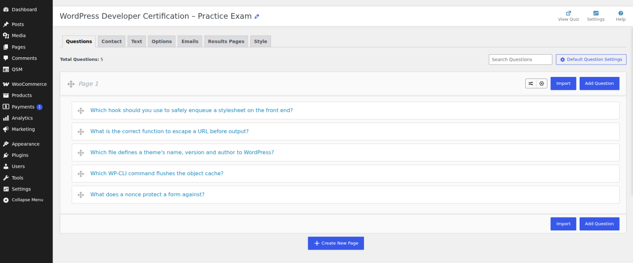 How to Sell Quizzes Online in WordPress (Paid Quizzes with WooCommerce) Quiz & Survey Master question builder in the WordPress admin showing the "WordPress Developer Certification – Practice Exam" quiz with five questions on Page 1, alongside the Questions, Contact, Text, Options, Emails, Results Pages and Style tabs.
