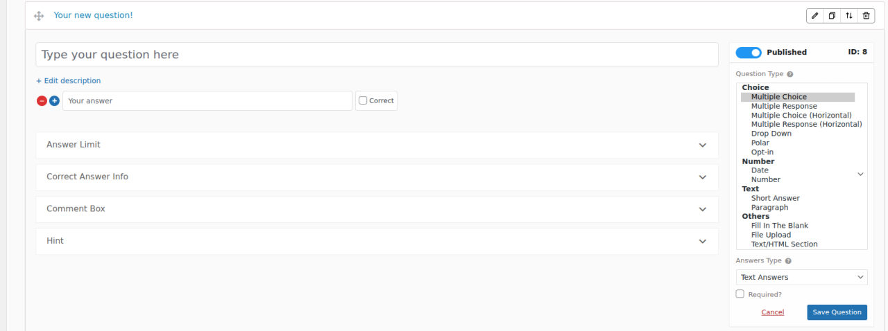QSM vs WPForms: Which Is the Better WordPress Quiz & Survey Plugin? The Quiz and Survey Master question editor showing its full list of question types — multiple choice, multiple response, drop down, date, number, short answer, paragraph, fill in the blank, file upload and more.