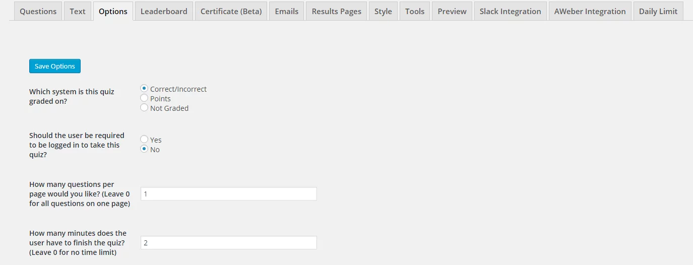 Editing Basic Quiz Options optionstab