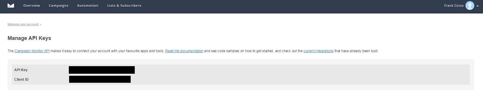 Campaign Monitor Screenshot of manage API keys page. Includes fields for API Key and Client ID.