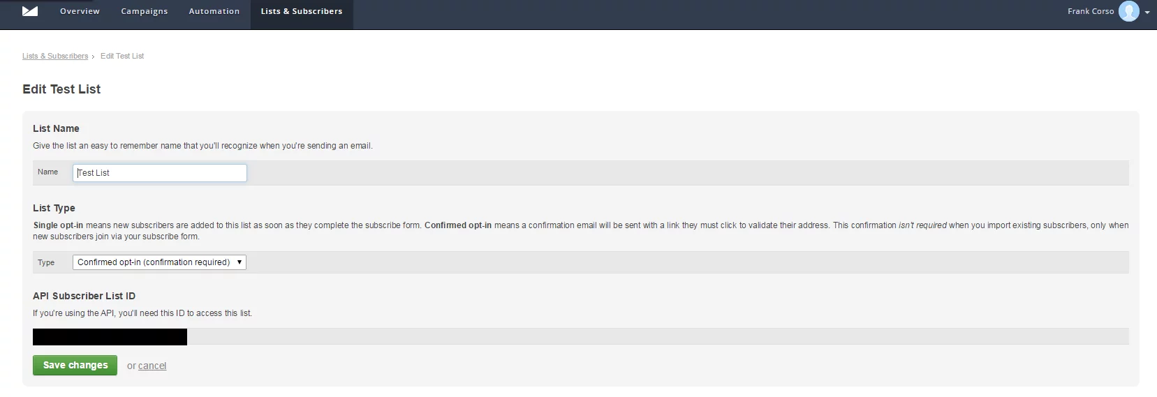 Campaign Monitor Screenshot of the Edit subscriber list page. Shows fields for list name, list type, and API subscriber list ID.