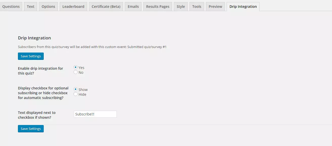 Drip Integration Quiz Settings