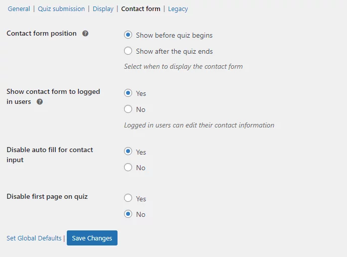 Options Tab- Contact Form