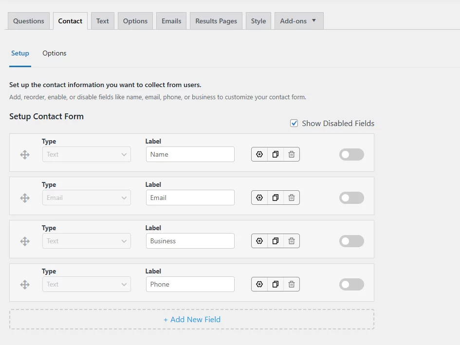 Quick Start Guide contact form fields