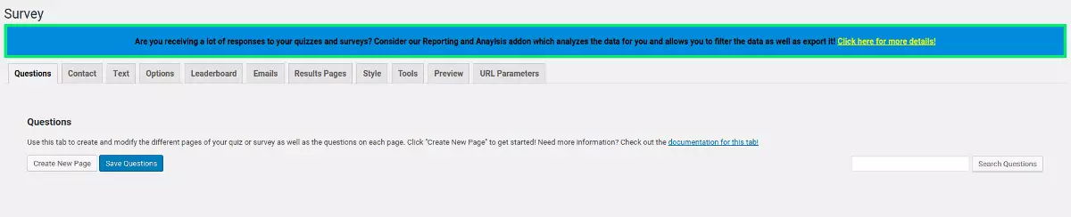 Questions tab without any questions or pages