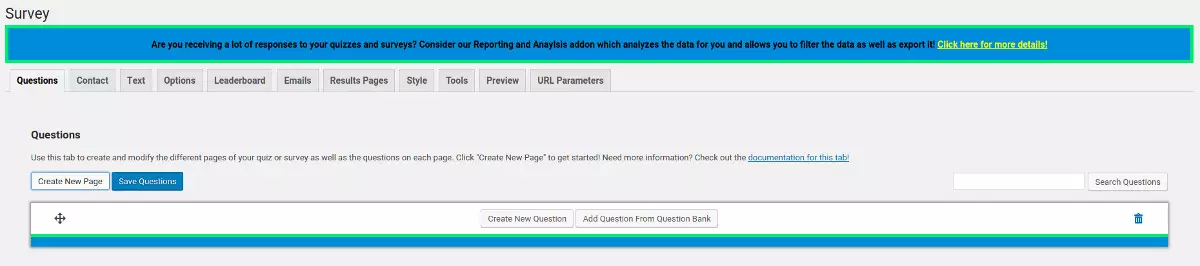 Questions tab after adding one page