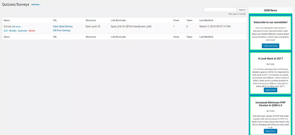 Quizzes and surveys page in QSM