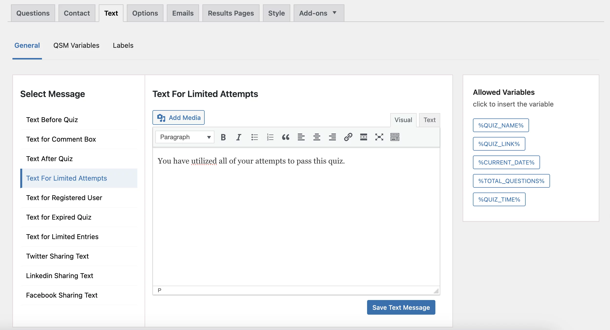 Limiting Quiz Attempts per user (Limit Individual Attempts) qsm text limit user attempt