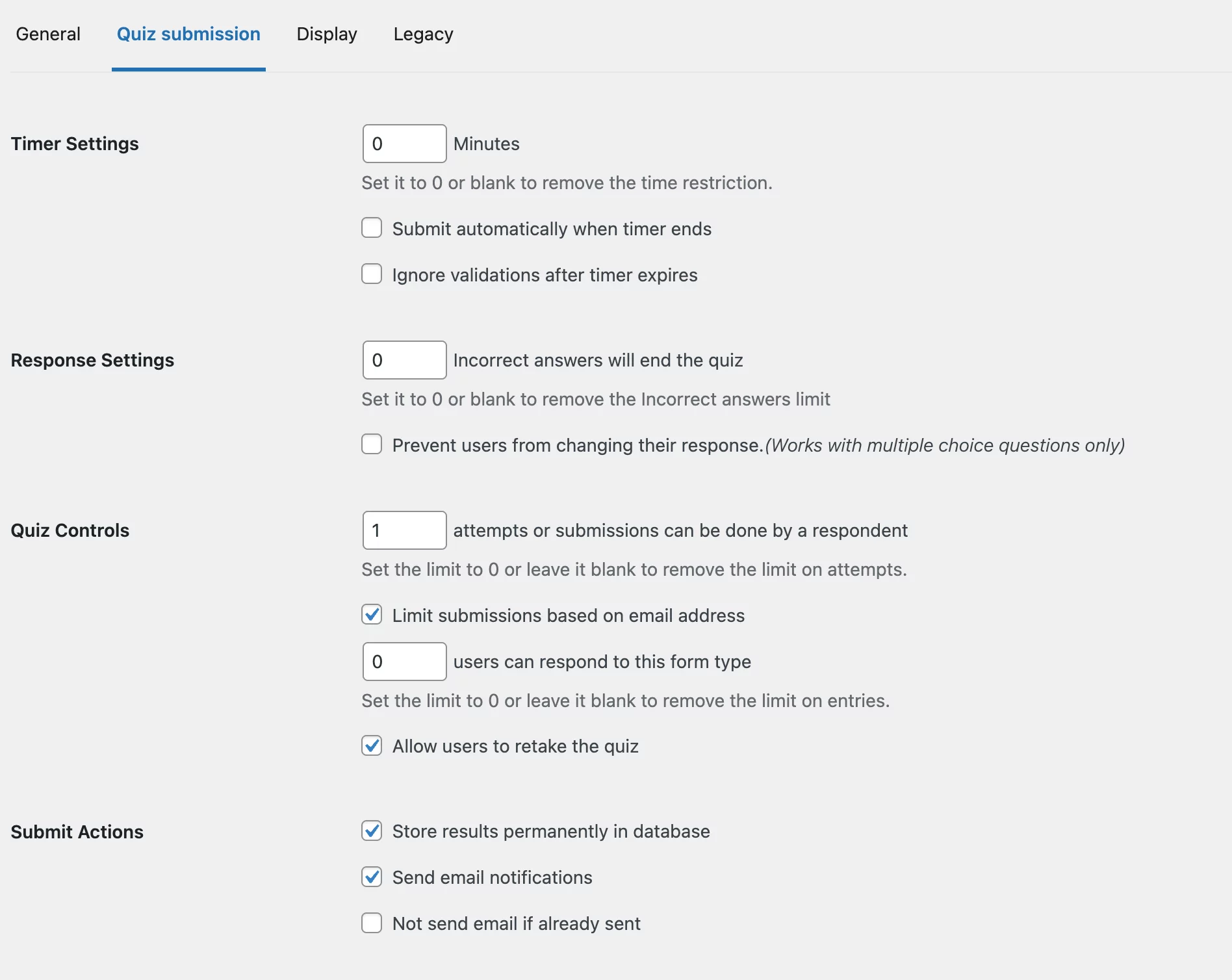 setup quiz submission settings