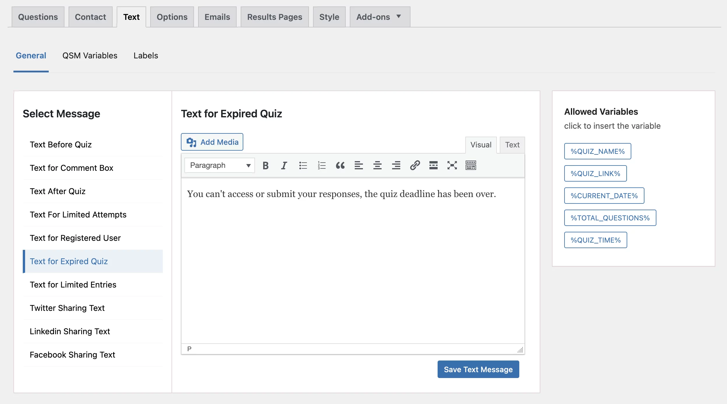 text tab for expired quiz