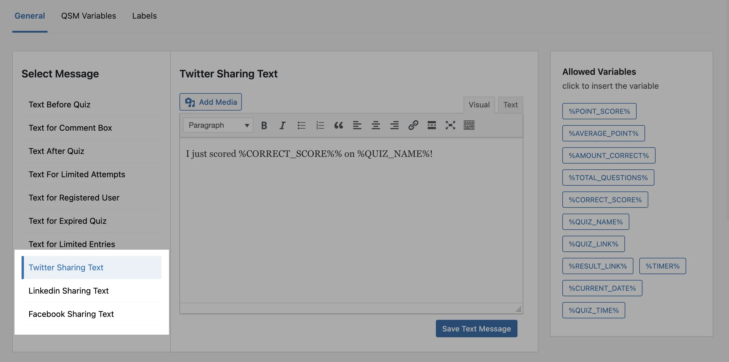 Setting up Social Media Sharing text tab social sharing