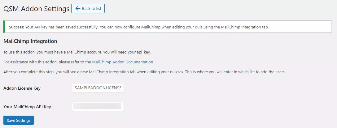 MailChimp Integration Addon - Adding Addon License Key and MailChimp API Key