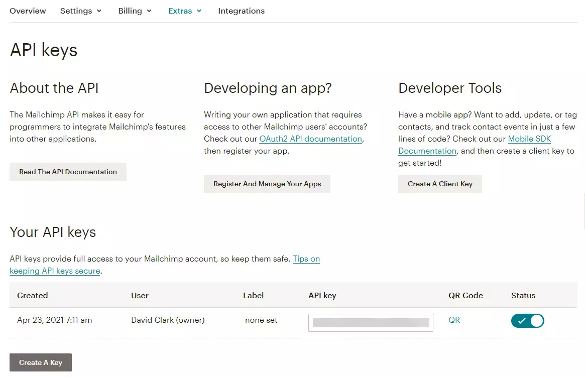 MailChimp Integration Addon - Generated API Key