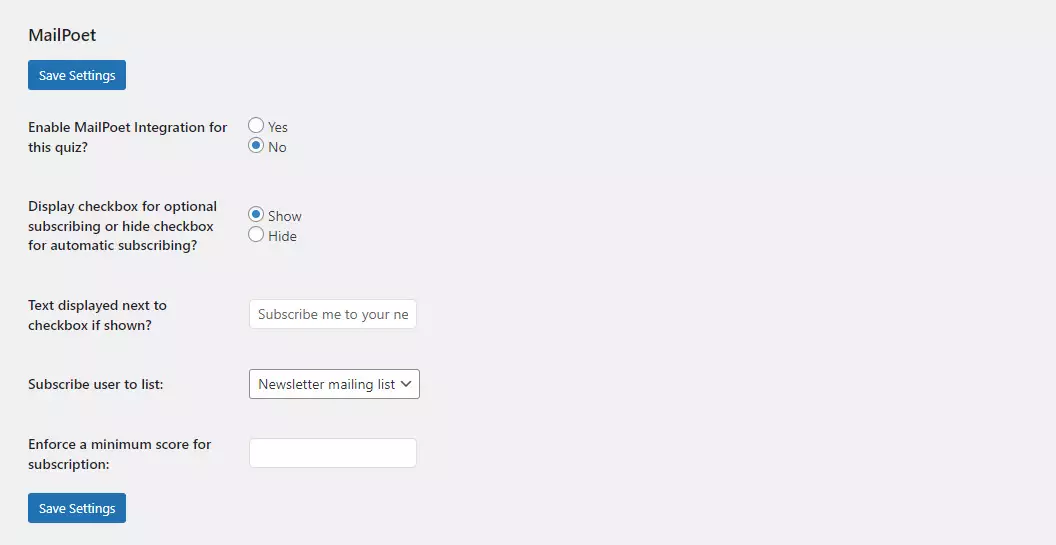 MailPoet Integration - Settings for the MailPoet addon showing an assortment of options.
